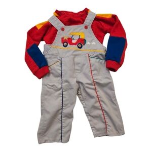 Vintage 1990s Cradle Togs Primary Colors Car Design Overalls 2pc Set